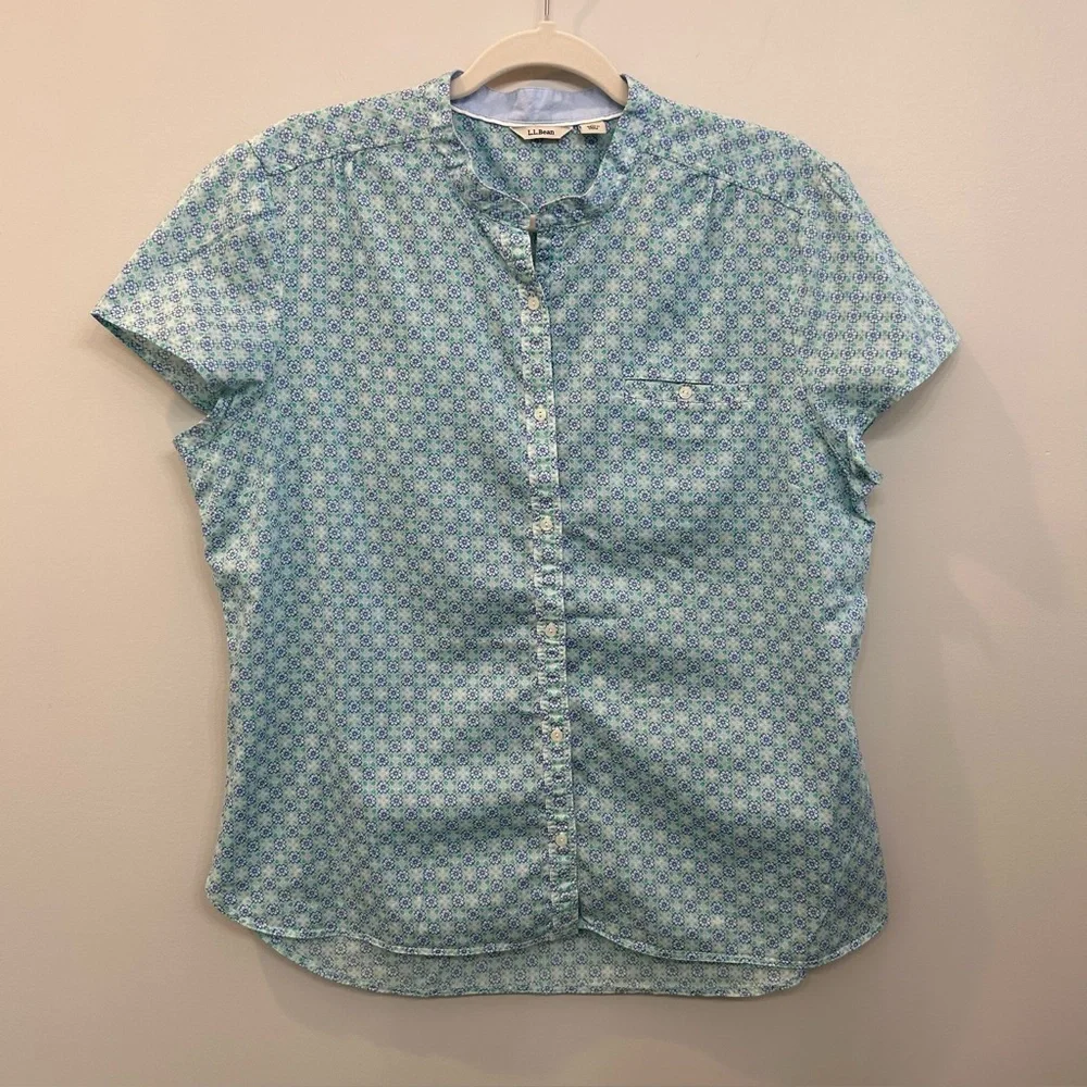 L.L. Bean Cotton Floral Button Down Short Sleeve Shirt White Blue Green Size L - Picture 1 of 8
